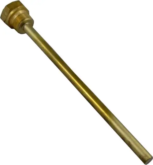 Messing-Tauchrohr mit gerader Form und gewindeartigem Ende, hergestellt von Wolf, geeignet für verschiedene Anwendungen in Heizsystemen.